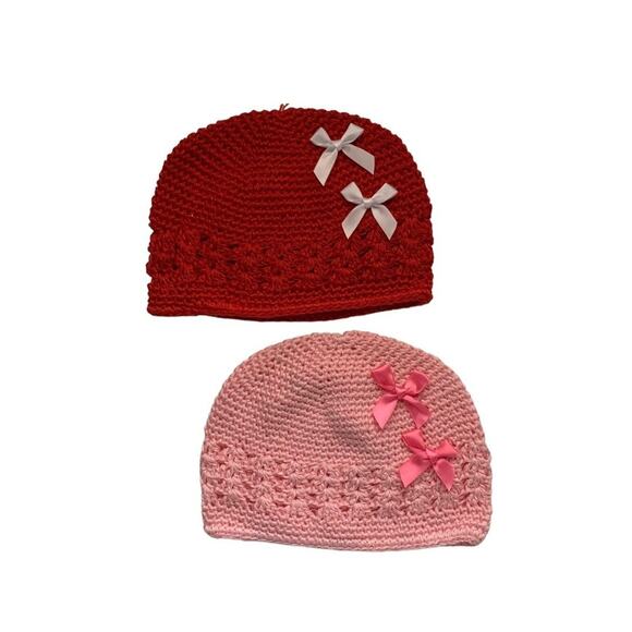 Baby girl crochet hats 0-3 months  nwot two (2 in set/pair red pullover cap knit - Picture 1 of 11